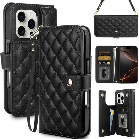 iPhone 16 Pro Max Card Holder Crossbody Wrist Strap Leather Wallet - Picture 1 of 6